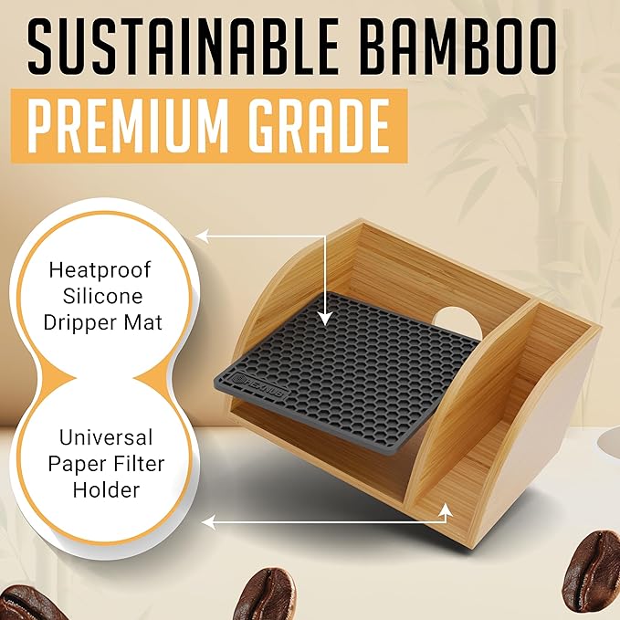 HEXNUB Caddy and Lid for Pour Over Coffee Maker Bamboo Stand fits Chemex Bodum Cosori Coffee Carafes Heatproof Mat Filter Holder - Black Mat