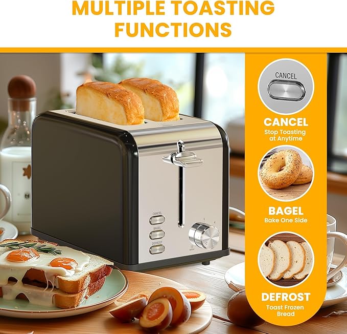 Simple Deluxe 2-Slice Toaster 6 Browning Setting and 3 Function Stainless Steel Toaster Extra Wide Slot &amp Removable Crumb Tray for Bread &amp Waffle Black