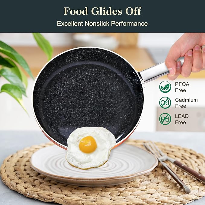 Pots and Pans Set Non Stick 7 Piece Ceramic Cookware Set Non Toxic Kitchen Induction Cookware Sets Pots and Pans Cooking Set with Oven Safe Handle 100% PFOA Free Copper