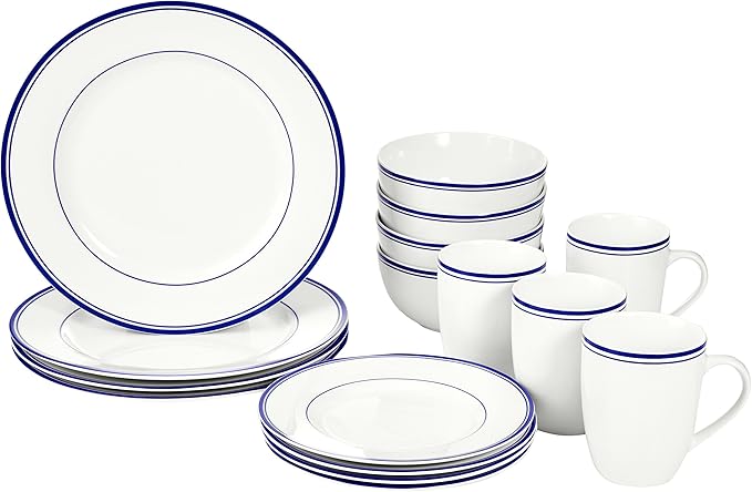Amazon Basics 16-Piece Cafe Stripe Dinnerware Set Microwave and Dishwasher Safe Plates Bowls Mugs Service for 4 Blue