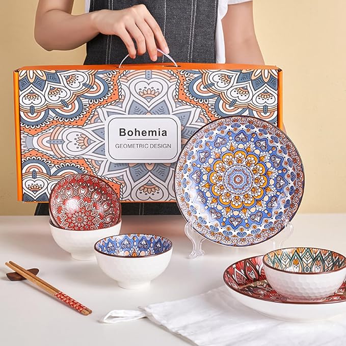 Bohemian Ceramic Dinnerware Set 4 Soup Bowls 2 Plates Dishwasher and Microwave Safe Ideal for Salad Pasta Rice Oatmeal and Fruits Perfect Kitchen Essentials Bohemian Style Dinnerware