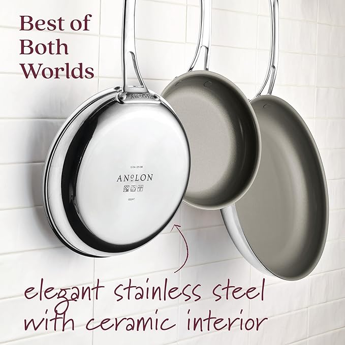 Anolon EverLast Ceramic Nonstick Frying Pans/Skillets Clad Induction 3 Piece Set 8.5 Inch 10 Inch and 12.25 Inch Open Fry Pans - Stainless Steel