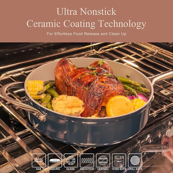 Ceramic Cookware Set Nonstick Ceramic Pots and Pans Non Toxic Frying Pans Sauce Pan Saute Pan with Lid Stay-Cool Handles Dishwasher &amp Oven Safe Compatible with All Cooktops