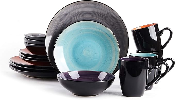 Sonoma 16 Piece Stoneware Dinner Set Samoa Outside Black + Inside Hand painted Combi Colors of Grey Orange Purple and Turquoise) with speckle
