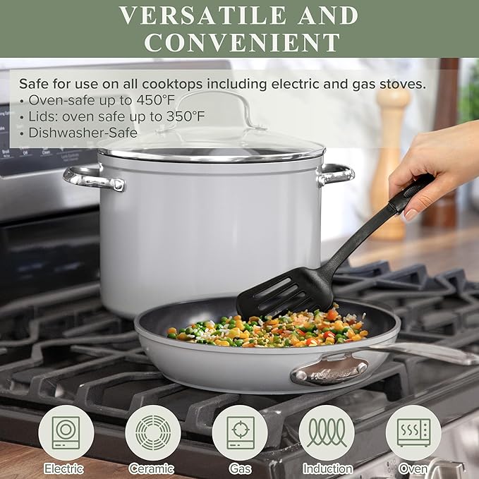 Nuwave Healthy Duralon Blue Ceramic Nonstick Cookware Set Diamond Infused Scratch-Resistant PFAS Free Dishwasher &amp Oven Safe Induction Ready &amp Evenly Heats Tempered Glass Lids &amp Stay-