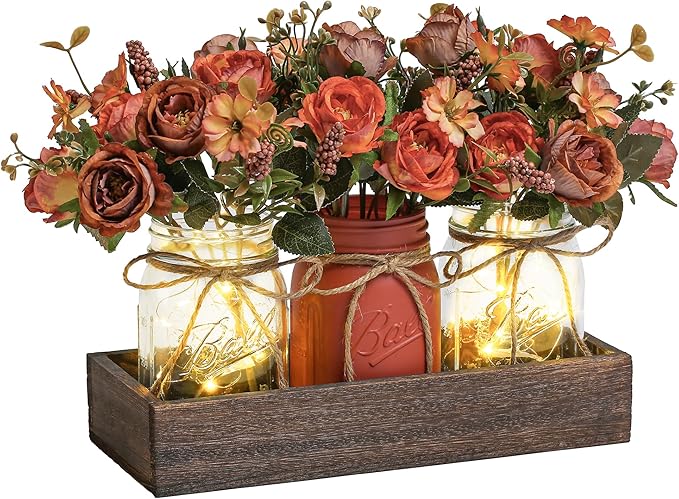 3 Pcs Mason Jar Centerpiece Table Decorations for Dining Table Decor Farmhouse Coffee Table Decor with Wood Tray and Led Light Table Centerpieces for Dining room Kitchen Living BathroomOrange