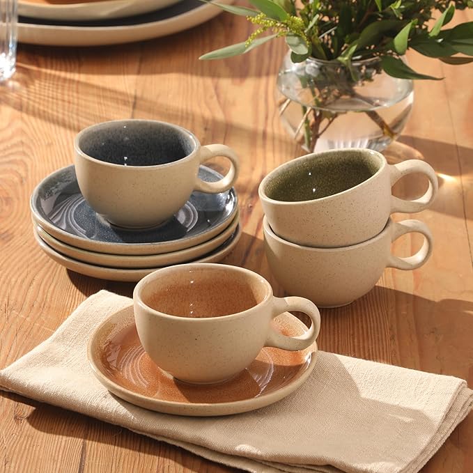 Gibson Elite Manila Bay 8-Piece Stoneware 5 oz Cup and Saucer Set Reactive Glaze Espresso &amp Coffee Cups with Saucers Assorted Colors