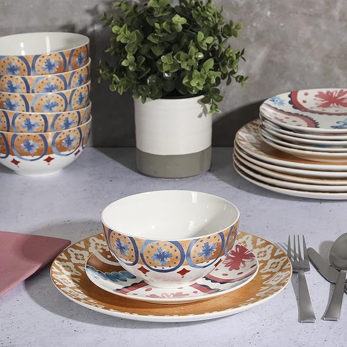 Spice by Tia Mowry Savory Saffron Decorated Coupe Porcelain Chip and Scratch Resistant Dinnerware Set Honey Gold 18-Piece