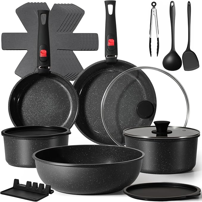 21Pcs Ceramic Pots and Pans Set Non Stick Kitchen Cookware Set with Detachable Handles Non Toxic Healthy Cooking Set Induction Dishwasher Oven Safe PTFE PFOA PFOS Free Black