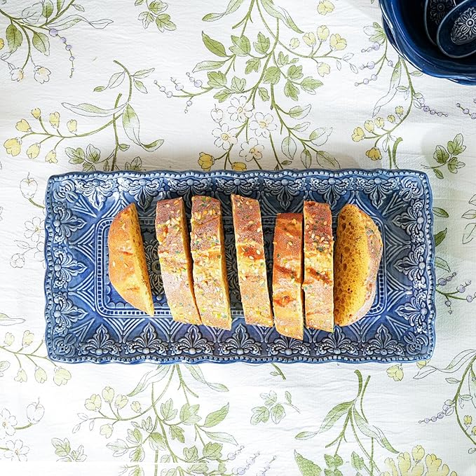 Sungmor Embossed Stoneware Fine Dining Dinnerware Antique Baroque Style 14 Long Rectangular Porcelain Serving Platter Set of 2 Sophisticated Ceramic Dish for Party Cookies Fruit Cheeses &amp Des