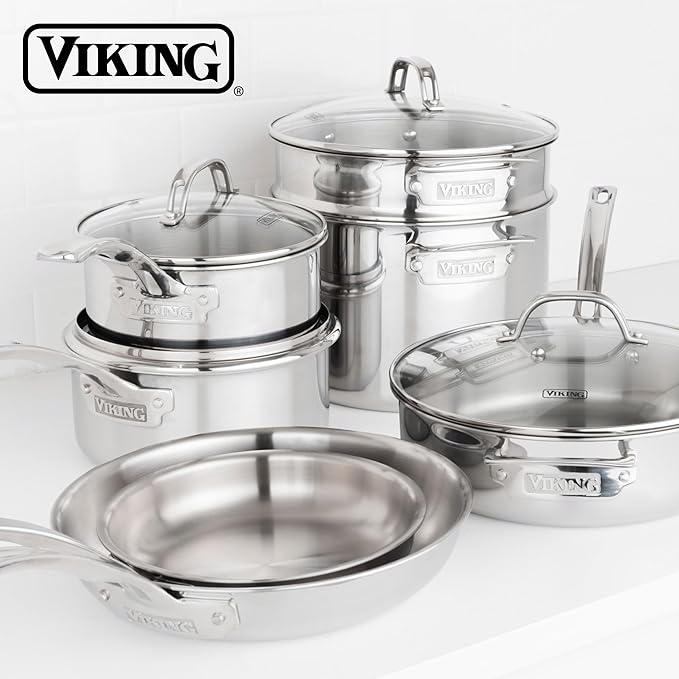 Viking ProClad 3-Ply Stainless Steel 11-Piece Cookware Set with Vented Glass Lids Fry Pans Saucepans Saute Pan Stock Pot with Strainer Insert Oven Safe up to 600F