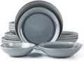 FAIT Round Stoneware 16pc Double Bowl Dinnerware Set for 4 Dinner Plates Side Plates Cereal Bowls Pasta Bowls - Reactive Glaze Grey (439699)