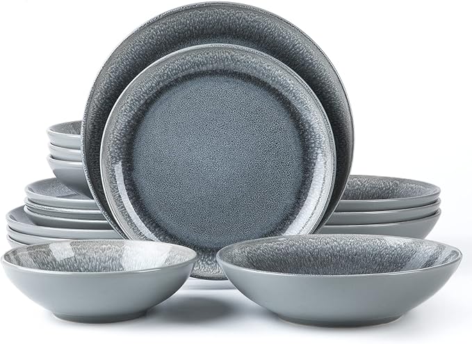 FAIT Round Stoneware 16pc Double Bowl Dinnerware Set for 4 Dinner Plates Side Plates Cereal Bowls Pasta Bowls - Reactive Glaze Grey (439699)