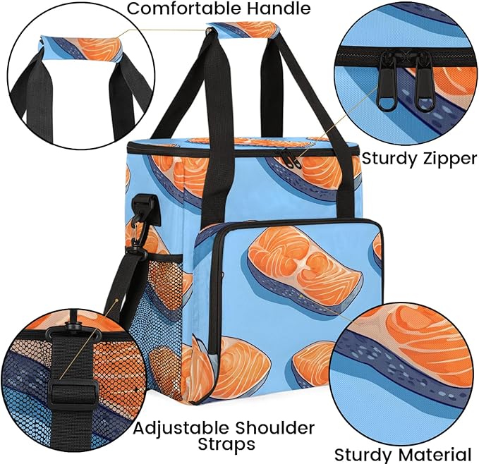 Fish Coffee Maker Travel Bag Fishes Salmons Insulated Grocery Bag Travel Picnic Leakproof Cooler Bags With Shoulder Strap