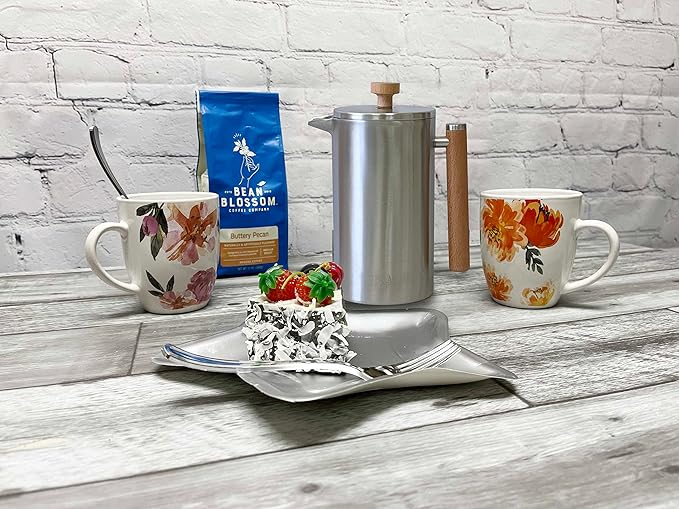 Stellar Living 34 OZ Stainless Steel French Press Coffee Maker with Double Vacuum Insulation Maximum Flavor Coffee Brewer Tea and Coffee Press Camp Coffee Maker - Matte Silver with Wooden Handle