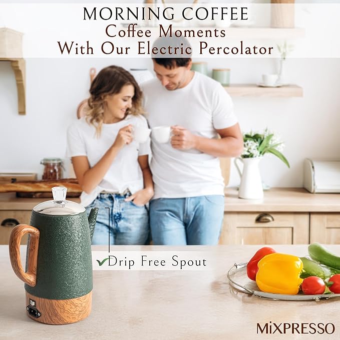 Mixpresso 10 Cup Percolator Coffee Pot Electric Stainless Steel Coffee Percolator Electric With Keep Warm Function Classic Perculator Pot With Removable Basket for Home or Office - Shiny Green
