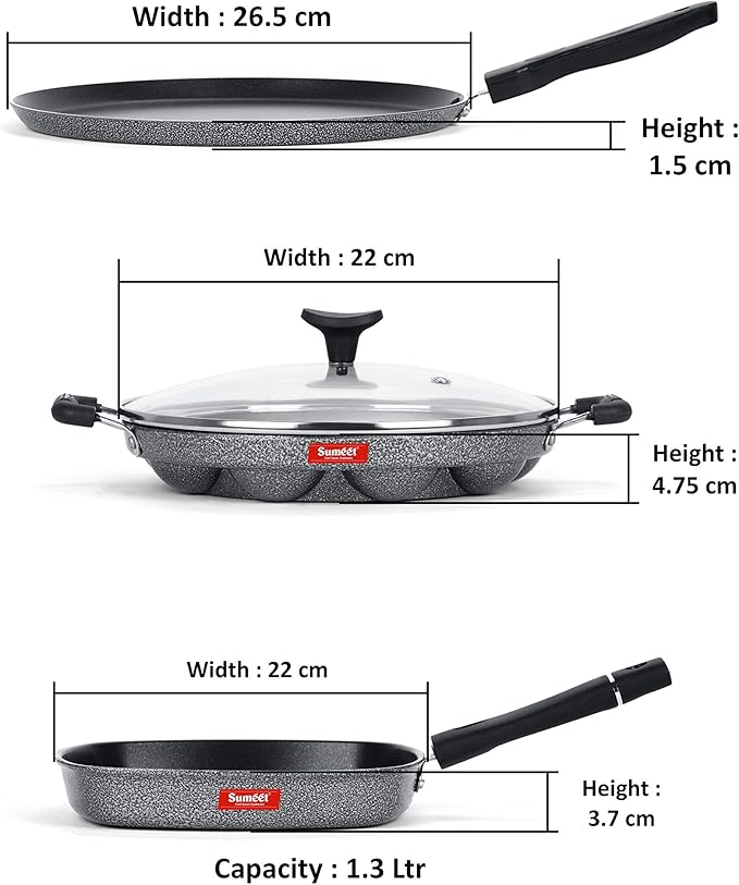SUMEET NonStick Aluminium Cookware Set Dosa Tawa - 26.5Cm Dia Grill Appam Patra with Glass Lid - 12 Cavity - 22cm Dia Grill Pan-22cm Dia (Silver)