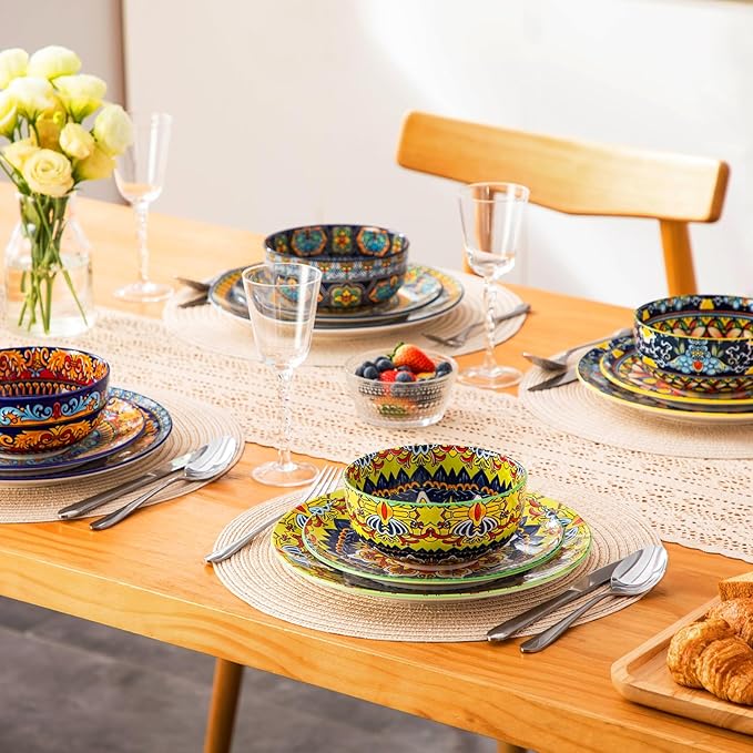 vancasso Plates and Bowls Sets12-Piece Porcelain Dinnerware Set Service for 4 Bohemian Style Dishes Set for 4 Kitchen Dinner Set Microwave and Dishwasher Safe Scratch Resistant Series KRVI