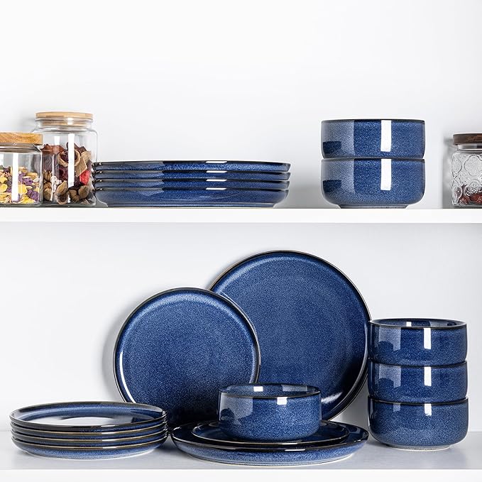 TheTerra Ceramic Dinnerware Sets for 4 12 Pieces Handmade Reactive Glaze Plates and Bowls Set Scratch Resistant Dish Set Oven &amp Microwave &amp Dishwasher Safe Blue