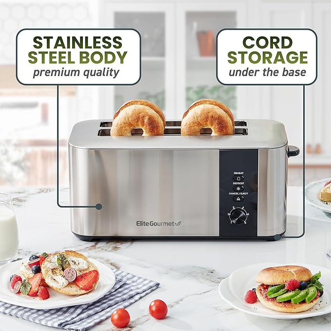 Elite Gourmet ECT3401 Long Slot 4 Slice Toaster 1.5” Slot Width 6 Toast Shade Settings Reheat Defrost &amp Cancel Functions Extra Large Slots for Bagels Waffles Artisan Breads Stainless Steel
