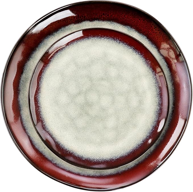 12 Piece Stoneware Dinnerware Set – Ombre Color Rim Plates and Bowls Microwave &amp Dishwasher Safe Dinner Set for 4 (Off White with Red Rim)