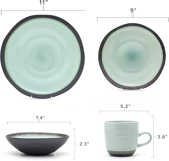 Euro Ceramica Euro Ceramica DIA-1001 Diana 16 Piece Modern Dinnerware Set Dinner Salad Plate Soup Bowl Mug Service for 4 Mint Green/Graphic Grey