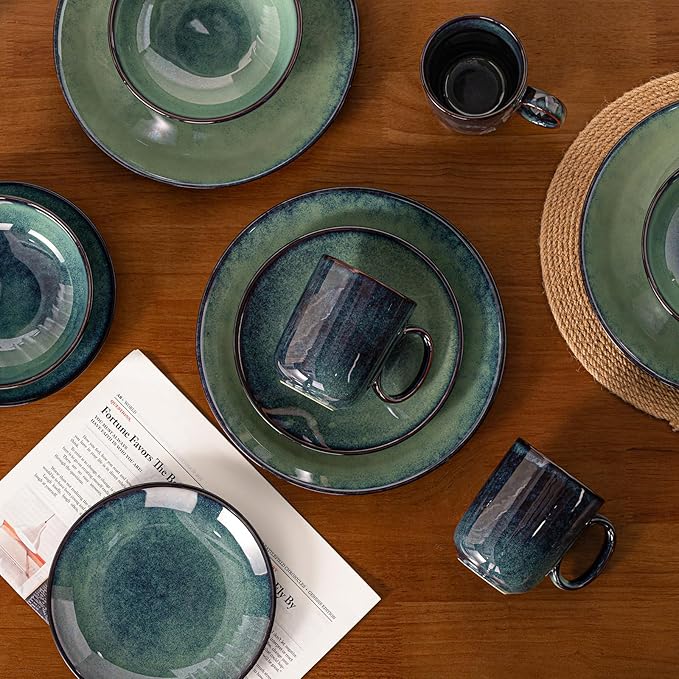 16 Piece Dinnerware Sets for 4 Scratch Resistantmicrowave oven and Dishwasher Safe Plates and Bowls Sets Ceramic Dish Set Bowl and Plate Set -Kiln turns foggy green