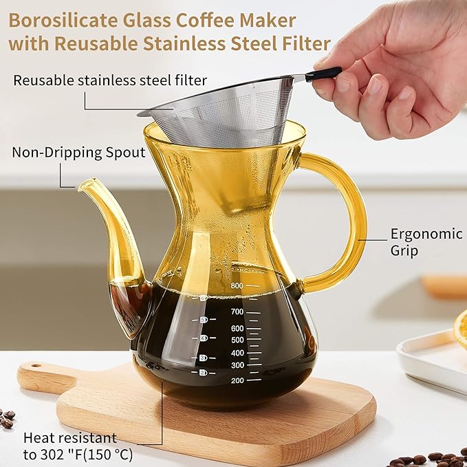 Unbreakable - Pour Over Coffee Maker with Double Stainless Filter 27 fl oz Thickened Heat-Resistant Borosilicate Glass Pour Over Coffee Dripper Stovetop Safe