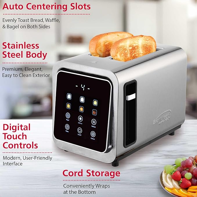 Brentwood TS-228DS Touch Screen 2-Slice Digital Toaster with Extra Wide Slots 6 Shade Settings Bagel Cancel Defrost and Reheat Functions Stainless Steel