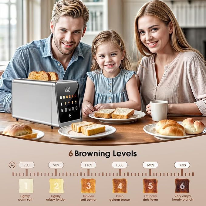 Touch Screen Toaster 2 Slice Stainless Steel Smart Digital Toasters with Single Slot Toasting Memory Function 5 Bread Types &amp 6 Shade Settings 1.5 Toasters 2 Slice Wide Slot 900W