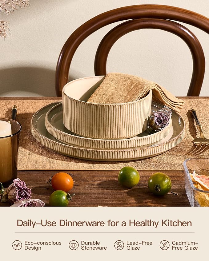 24-Piece Dinnerware Set Service for 8 Famiware Premium Stoneware Dish Set with Ribbed Plates and Deep Bowls Double Reactive Glaze Chip &amp Scratch Resistant Microwave &amp Dishwasher Safe Crea