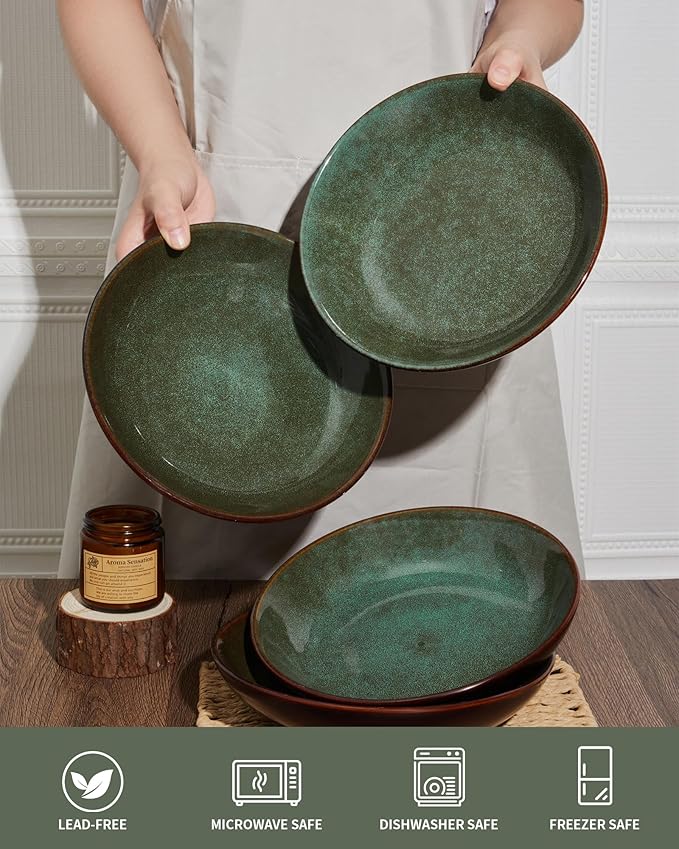 12 Piece Dinnerware Sets with Pasta Bowls Stain Resistant Dish Set Easy Cleaning Dishes Multi-Functional Plate and Bowl Set Stack Compactly Plates Service for 4 Sage Green