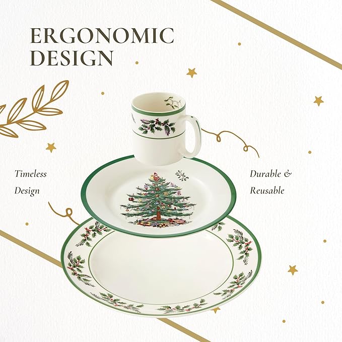 Spode Christmas Tree 12-Piece Dinnerware Set (Service for 4) - Festive Holiday Tableware with Plates &amp Mugs - Fine Earthenware Christmas Dinnerware - Microwave &amp Dishwasher Safe