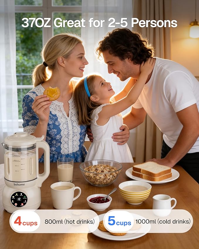 Behome Nut Milk Maker – Glass Plant Milk Machine for Almond Oat &amp Soy Milk Self-Cleaning Vegan Milk Maker with No-Soak Beans Delay Start &amp Keep Warm Dairy-Free Beverage Maker 110V