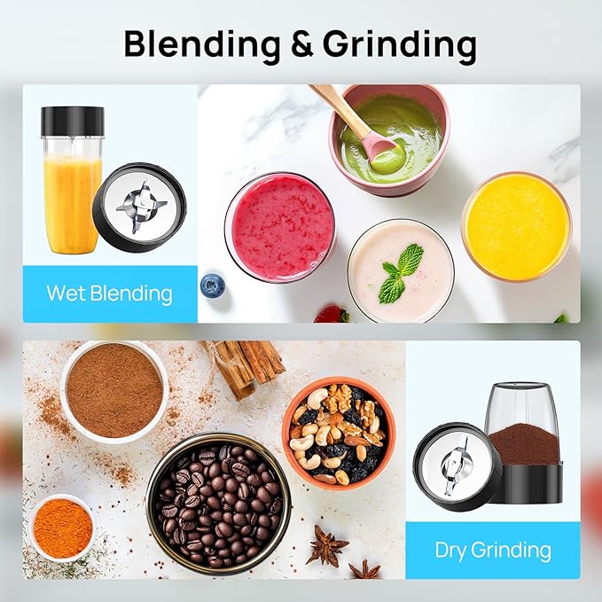 Consciot CB08 16-Piece Blender &amp Grinder Combo for Kitchen and Personal Size Blend Shakes and Smoothies Frozen Drinks Baby Food Spreads &amp More 4 BPA-Free Portable To-Go Cups 900 Peak Wat