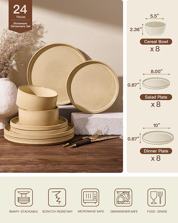24-Piece Dinnerware Set Service for 8 Famiware Premium Stoneware Dish Set with Ribbed Plates and Deep Bowls Double Reactive Glaze Chip &amp Scratch Resistant Microwave &amp Dishwasher Safe Crea