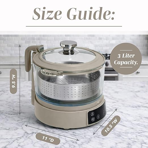 COOK WITH COLOR 3L Glass Mini Low Carb Rice Cooker – Holds 2 Cups Raw/Makes 6 Cups Cooked with Auto Lift Filter Basket Hotpot &amp Steamer for Rice Grains Digital Panel with Keep Warm Greige