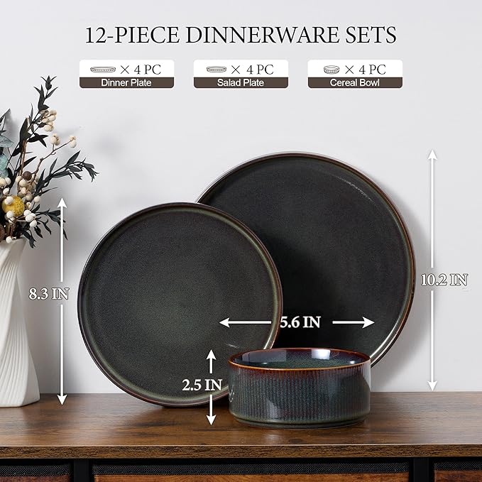 E-far 12-Piece Plates and Bowls Sets and 35oz Pasta Bowls Set of 4 bundle Stoneware Dinnerware Dishes Sets for 4 Kitchen Modern Dining Dishware Bowl Plate Blackish Green