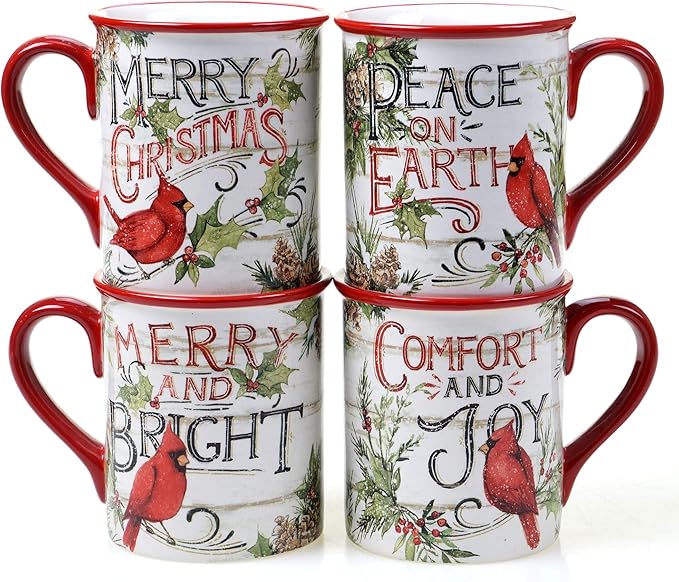 Evergreen Christmas 16-Piece Dinnerware Set – Ceramic Holiday Plates Bowls &amp Mugs with Cardinal &amp Script Design – Service for 4 – Festive Dining for Christmas Gatherings