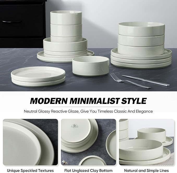 Vesteel 16 Pieces Dinnerware Sets Premium Stoneware Dishes Set for 4 Speckled Plates and Bowls Set for Home Restaurant Microwave and Dishwasher Safe - Off-white