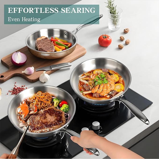 EWFEN Pots and Pans Set 3 Ply 11 Piece Stainless Steel Cookware Set Oven Dishwasher Safe | Induction Compatible Frying Pans Saucepans Saute Pan &amp Stock Pot PFOA Free Kitchen Skillet