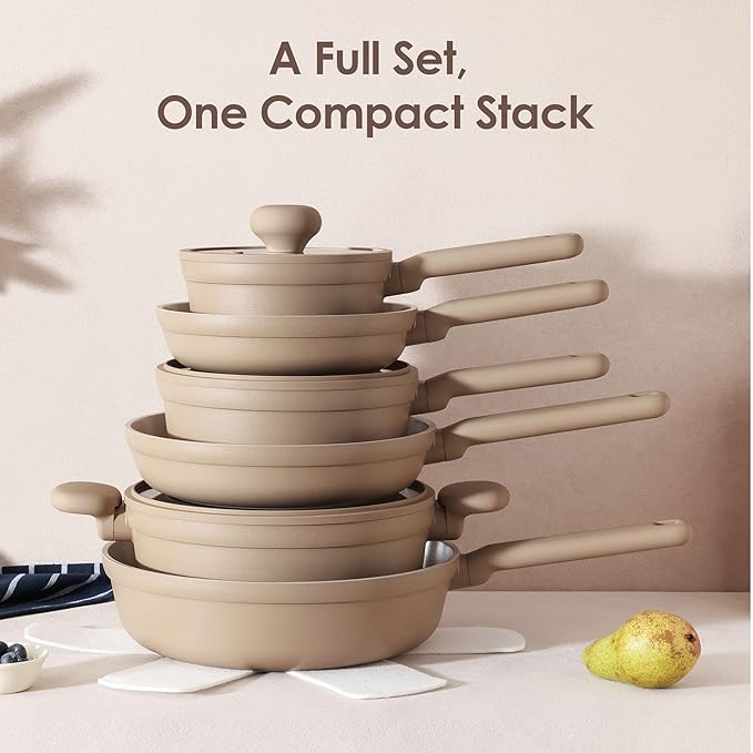 SENSARTE Ceramic Nonstick Pots and Pans Set 17pcs Healthy Induction Cookware Set Nontoxic Kitchen Cooking Set with Skillets &amp Saucepans Stay-cool Handles PFAS PTFE PFOA PFOS FreeTaupe
