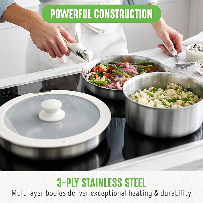 GreenLife 10 Piece Stainless Steel Pots and Pans Detachable &amp Stackable Kitchen Set Tri Ply Clad PFAS Free Cookware Space Saving with Removable Handle Induction &amp Oven Safe RV Cookware G