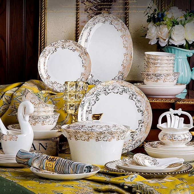 Kitchen Tableware SetCeramics Dinnerware Set European Style High-end Porcelain Dishware Set with Soup Pot and Cereal Bowl 48 Pieces Bone China Dinner Sets for Family G