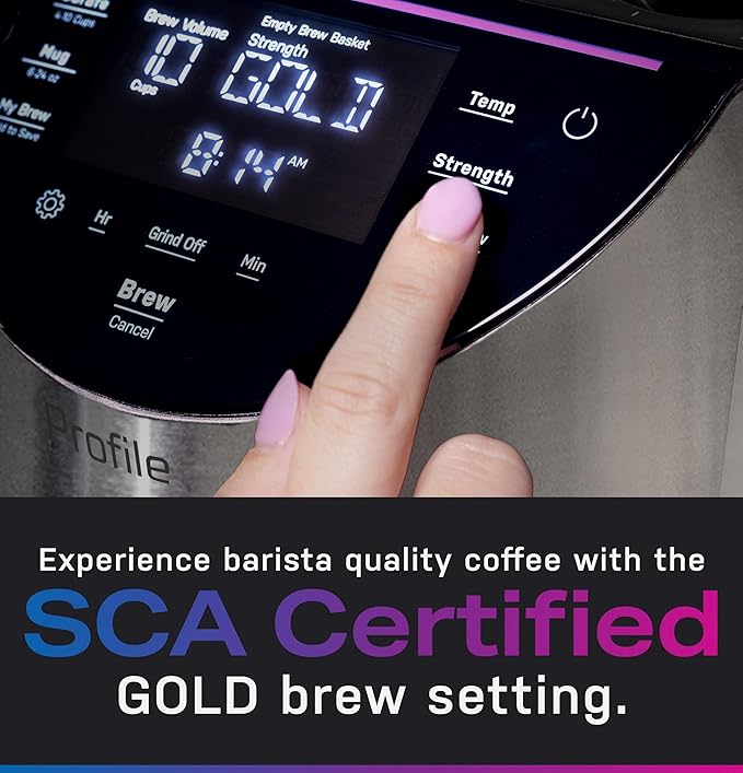 GE Profile Smart Grind &amp Brew Coffee Maker w/Podless Single Serve 90oz Water Reservoir 10 Cup Thermal Carafe Voice Control Adjustable Burr Grinder SCA Certified Barista-Quality Stainless St