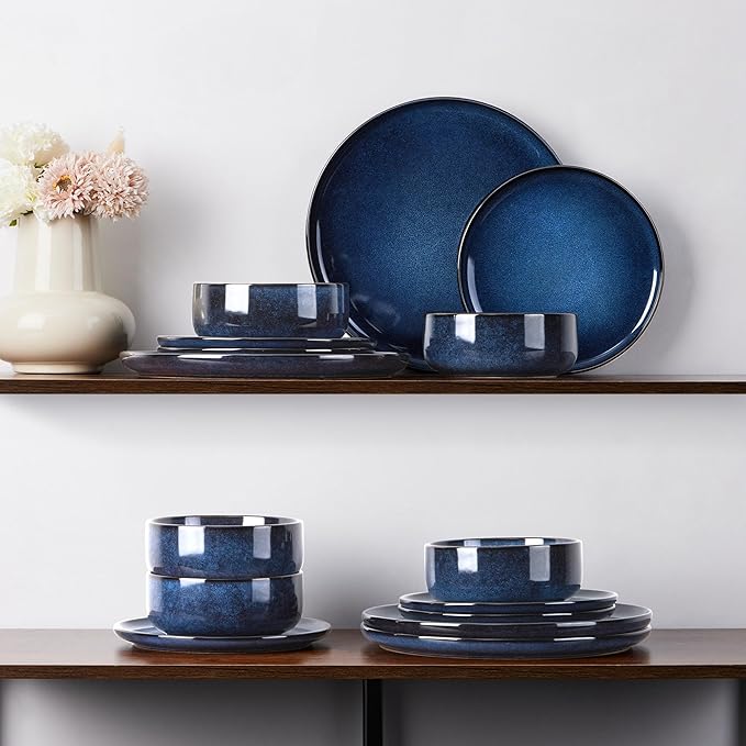 E-far 18-Piece Plates and Bowls Set Dinnerware Sets for 6 Reactive Glaze Stoneware Dishes Dinning Ware Microwave &amp Dishwasher Safe - Deep Sea Blue