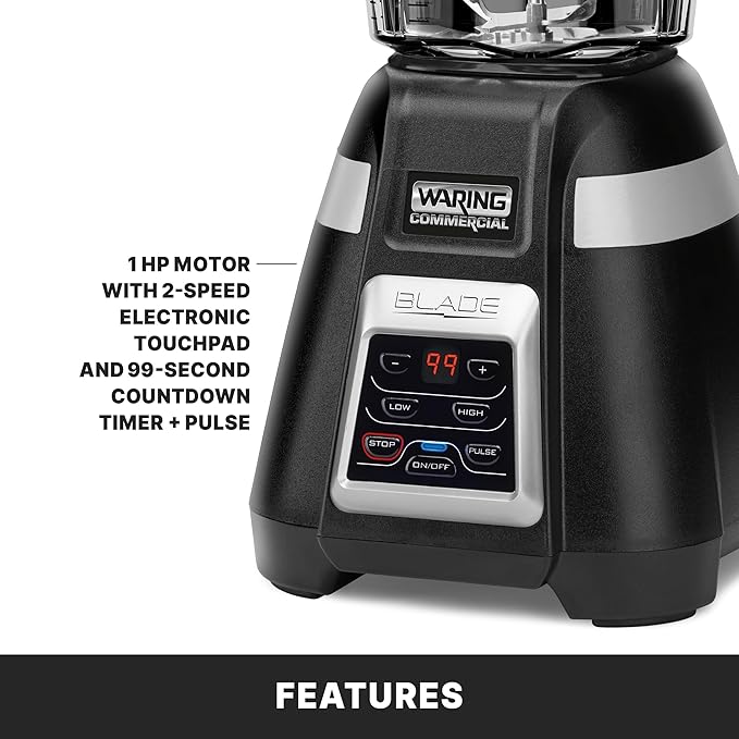 Waring Commercial BB340 Blade 1 HP Blender 2-Speed Key Pad with Pulse and 99 Second Countdown Timer  48 oz BPA Free Copolyster Container 120V 5-15 Phase Plug Black