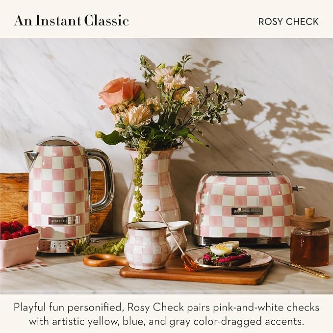MACKENZIE-CHILDS 2-Slice Toaster Decorative Toaster for Kitchen Pink-and-White Rosy Check