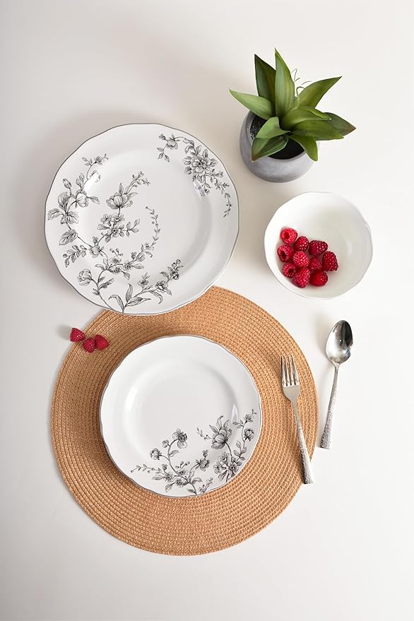 222 Fifth 12-Piece Porcelain Dinnerware Set for 4 White &amp Black Plates and Bowls Set Glossy Ceramic Dish Set with Delicate Floral Design Elegant Kitchen Dishes Microwave &amp Dishwasher Safe