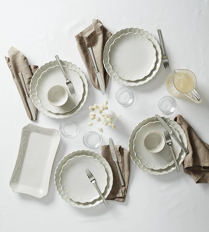 Lenox Dinnerware Set French Perle Scallop 4-Piece Place Setting Service For 1 Dinnerware Set Stoneware Includes Plates Bowl and Mug Dishwasher And Microwave Safe Dish Set (White 4 Piece)